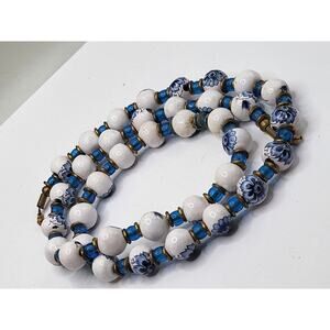 Blue White Ceramic Floral Bead Necklace 29in Hand Painted Boho Vintage Style